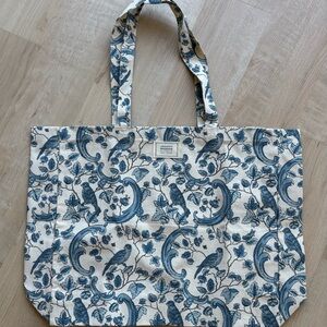 Sezane Indigo Cream and Blue Bird Pattern Tote